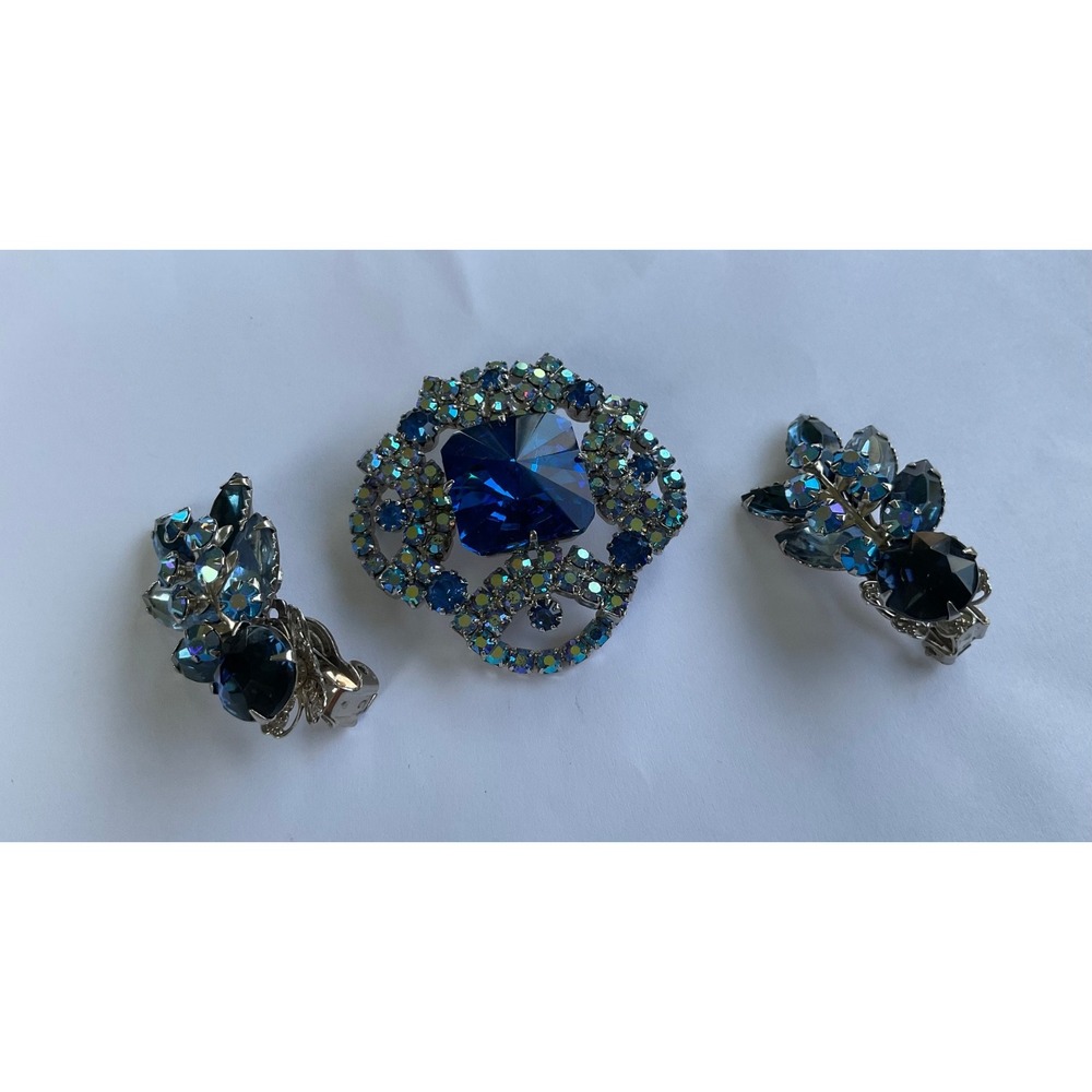 SET OF Vintage BEAU JEWELS Earring Set & SHADES of BLUE BROOCH AuroraBorealis